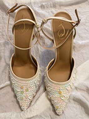 Sam Edelman White iridescent Sequin Pointed-Toe Ankle-Strap Stiletto Heels